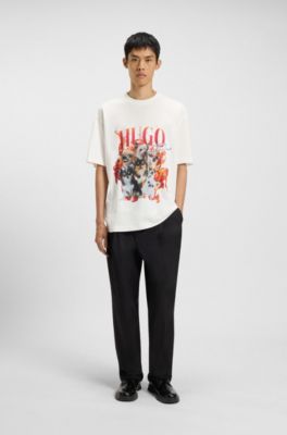 Oversized-fit T-shirt in cotton with dog graphics, Natural