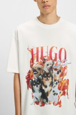 Oversized-fit T-shirt in cotton with dog graphics, Natural