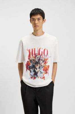 Oversized-fit T-shirt in cotton with dog graphics, Natural