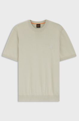 Cotton-cashmere knit T-shirt with satin logo, Light Beige