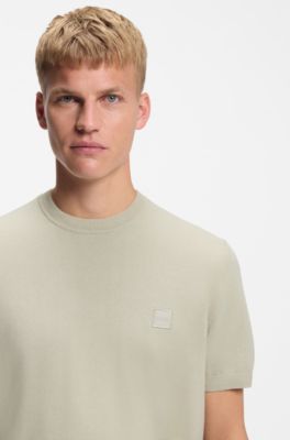 Cotton-cashmere knit T-shirt with satin logo, Light Beige
