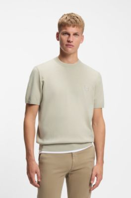 Cotton-cashmere knit T-shirt with satin logo, Light Beige