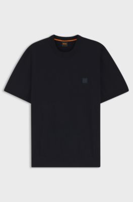 Cotton-cashmere knit T-shirt with satin logo, Dark Blue