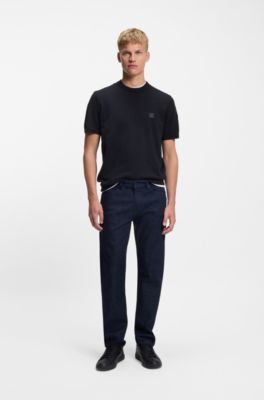 Cotton-cashmere knit T-shirt with satin logo, Dark Blue