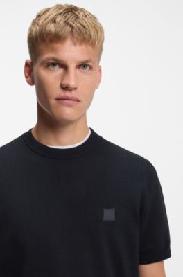 Cotton-cashmere knit T-shirt with satin logo, Dark Blue