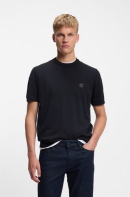 Cotton-cashmere knit T-shirt with satin logo, Dark Blue