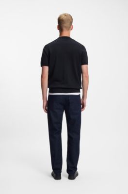 Cotton-cashmere knit T-shirt with satin logo, Dark Blue