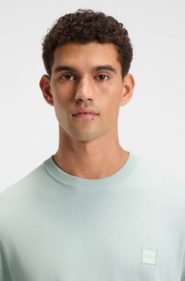 Cotton-cashmere knit T-shirt with satin logo, Light Blue