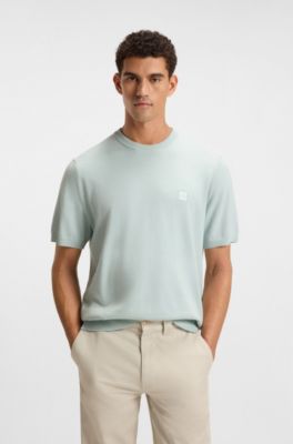 Cotton-cashmere knit T-shirt with satin logo, Light Blue