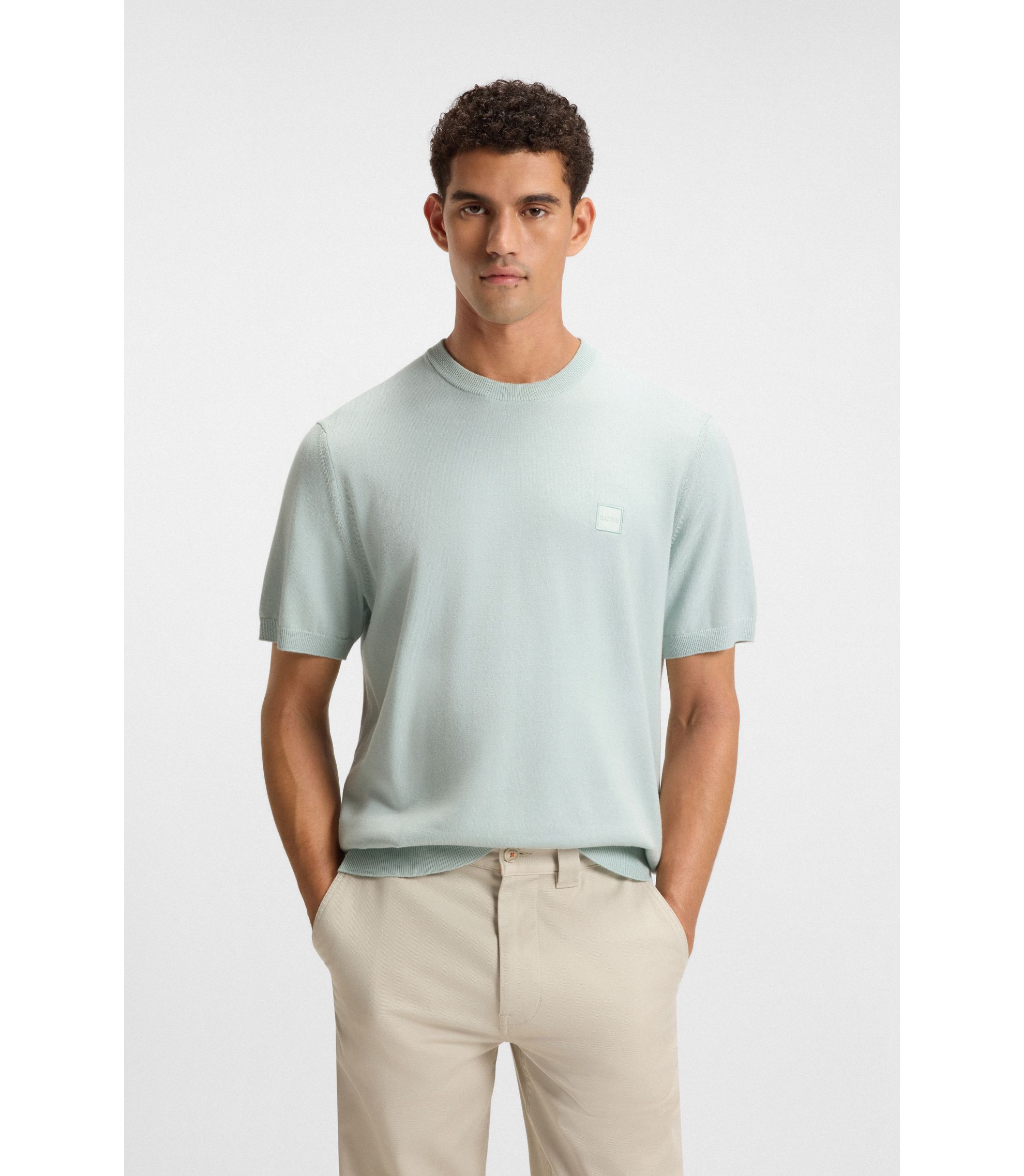 BOSS - Cotton-cashmere knit T-shirt with satin logo - Light Blue