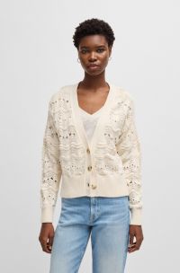 Cardigan en maille ajourée de coton mélangé, Naturel