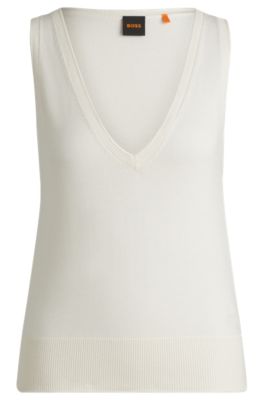 Knitted V-neck top with rolled edges, White
