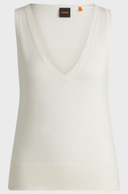 Knitted V-neck top with rolled edges, White