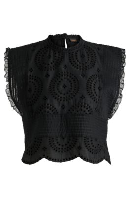 Regular-fit blouse in cotton broderie with pleat details, Black