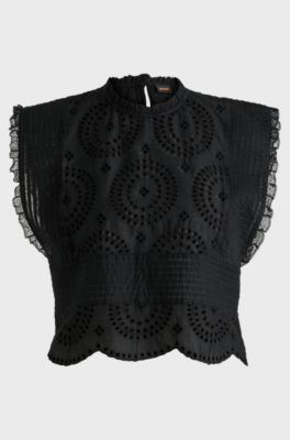 Regular-fit blouse van katoenen broderie met plooitjes, Zwart