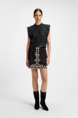 Regular-fit blouse in cotton broderie with pleat details, Black