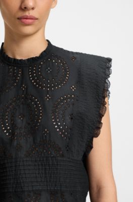 Regular-fit blouse in cotton broderie with pleat details, Black