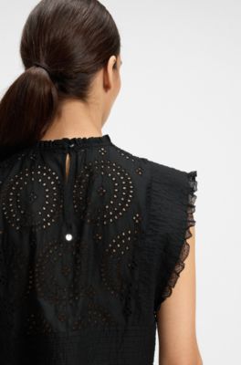 Chemisier Regular en broderie anglaise de coton avec d&eacute;tails pliss&eacute;s, Noir