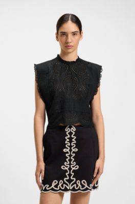 Regular-fit blouse in cotton broderie with pleat details, Black