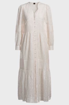 Pleat-detail dress in cotton broderie, Natural