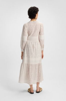 Pleat-detail dress in cotton broderie, Natural
