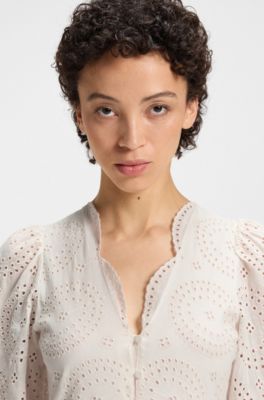 Pleat-detail dress in cotton broderie, Natural