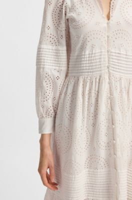 Robe pliss&eacute;e en coton avec broderie anglaise, Naturel