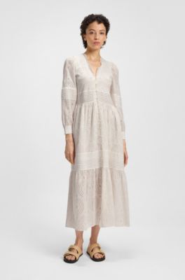 Robe pliss&eacute;e en coton avec broderie anglaise, Naturel