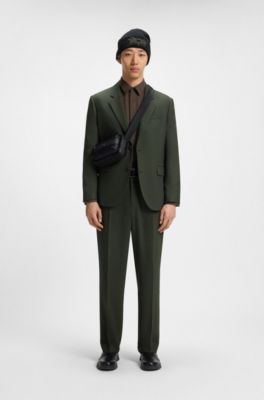 ダークグリーン ウール 2ピーススーツ　カチョッポリ Double suit-カーキ(グリーン)スーツ