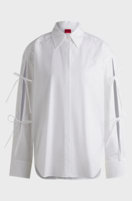 Oversized-fit cotton blouse with sleeve bows, White