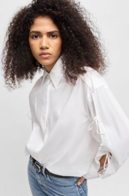 Oversized-fit cotton blouse with sleeve bows, White