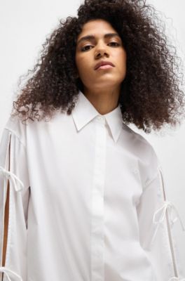 Oversized-fit cotton blouse with sleeve bows, White
