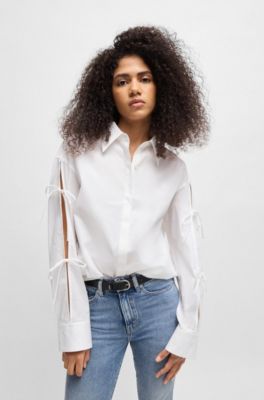 Oversized-fit cotton blouse with sleeve bows, White