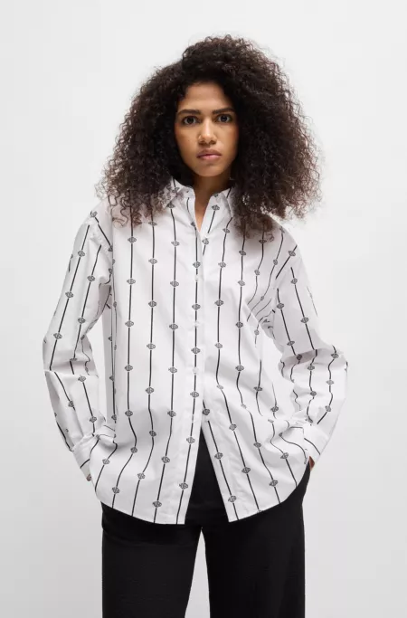 Oversized-fit blouse in logo-stripe cotton poplin