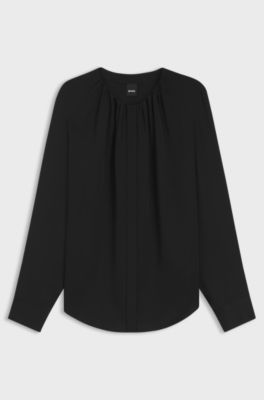 Collarless regular-fit blouse in stretch silk, Black