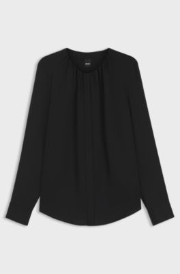 Collarless regular-fit blouse in stretch silk, Black