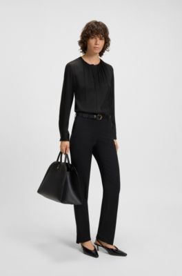 Collarless regular-fit blouse in stretch silk, Black
