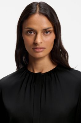 Collarless regular-fit blouse in stretch silk, Black