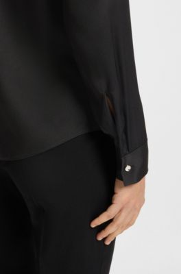 Chemisier Regular sans col en soie stretch, Noir