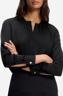 Collarless regular-fit blouse in stretch silk, Black