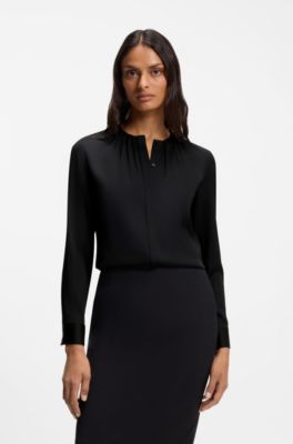Collarless regular-fit blouse in stretch silk, Black