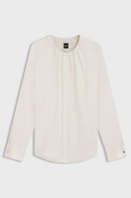 Collarless regular-fit blouse in stretch silk, Natural