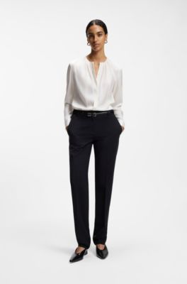 Collarless regular-fit blouse in stretch silk, Natural