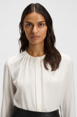 Collarless regular-fit blouse in stretch silk, Natural