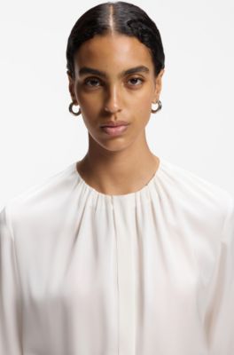 Collarless regular-fit blouse in stretch silk, Natural
