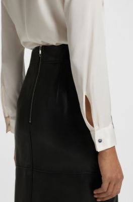 Collarless regular-fit blouse in stretch silk, Natural