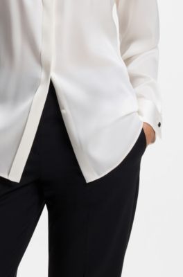 Collarless regular-fit blouse in stretch silk, Natural