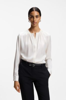 Collarless regular-fit blouse in stretch silk, Natural
