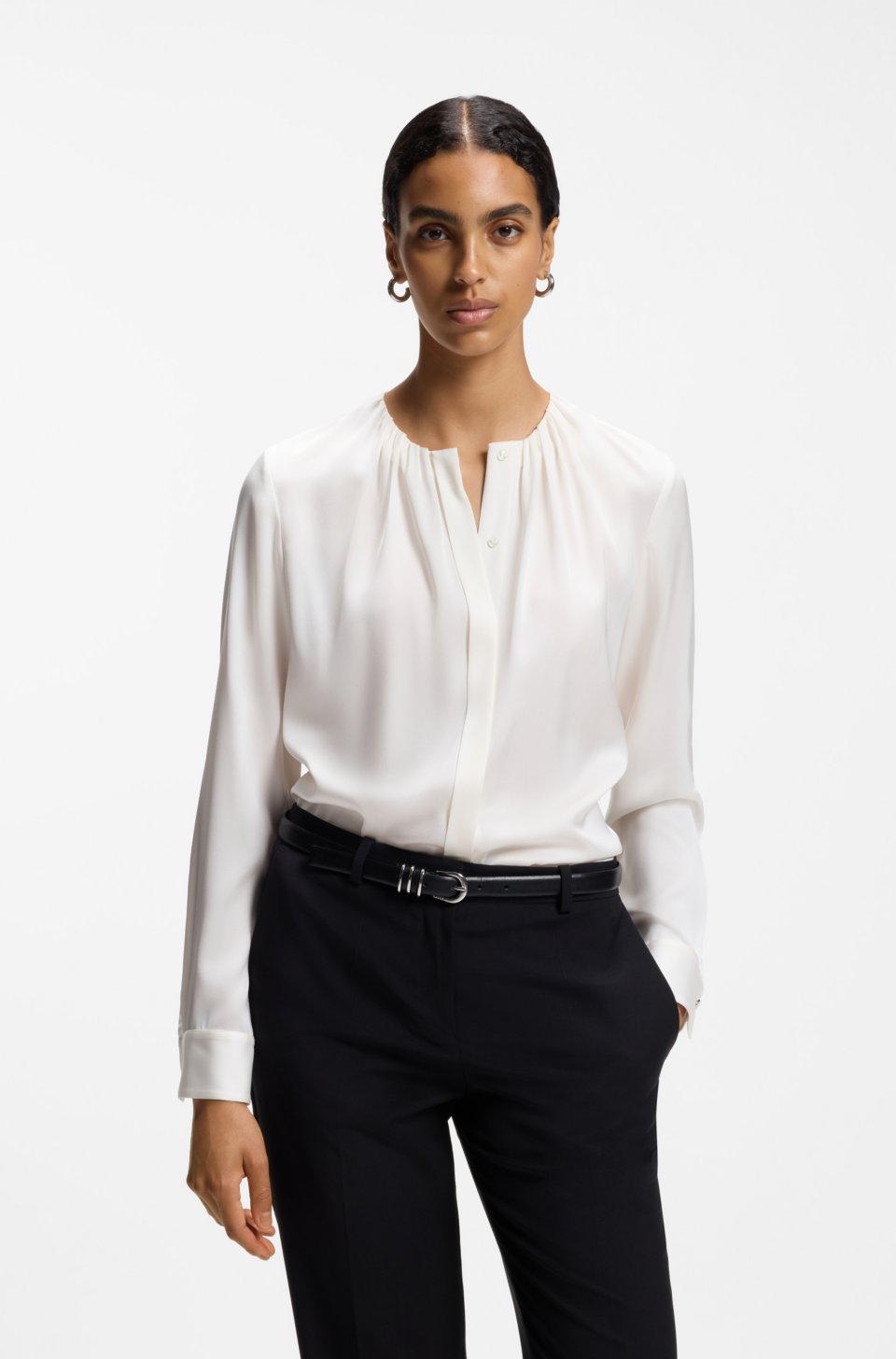 Collarless regular-fit blouse in stretch silk