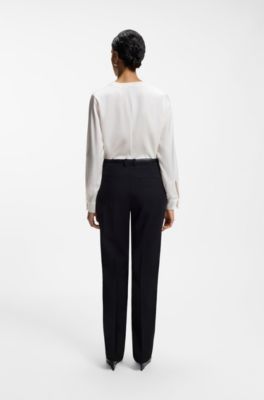 Collarless regular-fit blouse in stretch silk, Natural